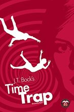 Book cover for Time Trap by J.T. Bock, a sci-fi romance edited vy Romance Refined editor Rachel Daven Skinner. Image of 2 bodies in white silhouette falling through the air against a pink background of a swirling vortex.