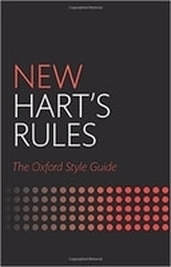 Book cover with black background and red and white lettering for the New Hart's Rules